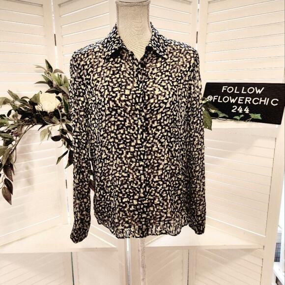 ALICE + OLIVIA BLACK PURPLE YELLOW GEOMETRIC BUTTON DOWN SILK BLOUSE SIZE MED - Picture 1 of 8